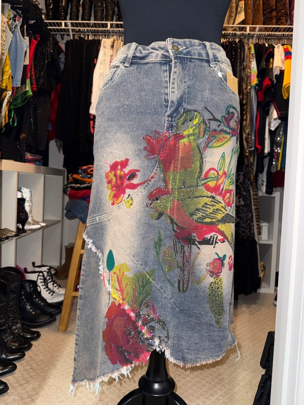 Asymmetrical Floral Bird Print Denim Skirt